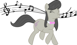 Size: 1324x772 | Tagged: safe, artist:szirru, octavia melody, earth pony, pony, g4, eyes closed, female, happy, mare, music notes, simple background, smiling, solo, transparent background, walking