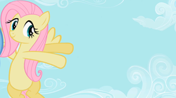 Size: 1349x754 | Tagged: safe, fluttershy, pegasus, pony, g4, exploitable, female, mare, pointing, sky, smiling, solo, spread wings, wings