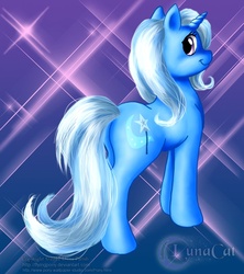 Size: 711x800 | Tagged: safe, artist:flyingpony, trixie, pony, unicorn, g4, abstract background, female, looking back, mare, smiling, solo