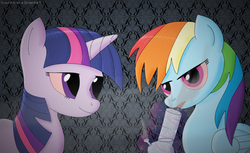 Size: 900x551 | Tagged: safe, artist:drawniverse, rainbow dash, twilight sparkle, g4, bong, drugs, highlight sparkle, marijuana