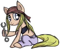 Size: 500x408 | Tagged: safe, artist:malizlewa, earth pony, pony, bandeau, clothes, female, fullmetal alchemist, mare, ponified, simple background, solo, transparent background, winry rockbell, wrench