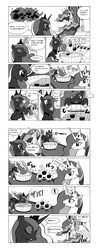 Size: 765x2000 | Tagged: dead source, safe, artist:docpel, princess celestia, princess luna, alicorn, pony, g4, luna eclipsed, ..., apple, apple bobbing, comic, dialogue, duo, duo female, exclamation point, eyes closed, female, food, grayscale, japanese, magic, mare, monochrome, pixiv, question mark, simple background, sitting, smiling, snorting, speech bubble, sweat, telekinesis, throne, trollestia, white background