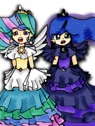 Size: 720x960 | Tagged: safe, artist:mizuki-yorudan, princess celestia, princess luna, human, g4, horn, horned humanization, humanized, winged humanization