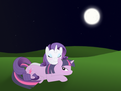 Size: 900x675 | Tagged: safe, artist:luminouslotus, rarity, twilight sparkle, pony, unicorn, g4, blushing, duo, eyes closed, female, lesbian, mare, moon, night, ship:rarilight, shipping, unicorn twilight