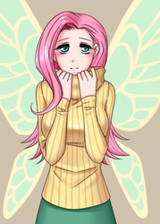 Size: 500x700 | Tagged: safe, artist:apzzang, fluttershy, human, g4, breasts, busty fluttershy, butterfly wings, clothes, female, flutterfly, humanized, looking at you, skirt, solo, sweater, sweatershy, winged humanization