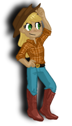 Size: 400x700 | Tagged: safe, artist:odis-odis, applejack, human, g4, clothes, cowboy hat, female, hat, humanized, simple background, solo, transparent background