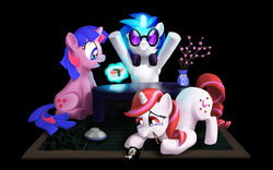 Size: 900x563 | Tagged: safe, artist:seworig, buttons (g1), dj pon-3, moondancer (g1), vinyl scratch, g1, g4, g1 to g4, generation leap, sushi