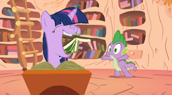 Size: 640x353 | Tagged: safe, artist:capnpea, edit, edited screencap, screencap, spike, twilight sparkle, dragon, pony, unicorn, g4, bibliovore, book, eating, fimbriae, pica, that pony sure does love books, unicorn twilight