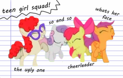 Size: 500x317 | Tagged: safe, apple bloom, scootaloo, sweetie belle, twist, g4, cutie mark crusaders, glasses, homestar runner, parody, teen girl squad