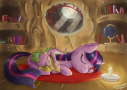 Size: 1052x744 | Tagged: safe, artist:gaiascope, spike, twilight sparkle, g4, blanket, candle, mama twilight, sleeping