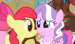 Size: 712x419 | Tagged: safe, screencap, apple bloom, aura (g4), diamond tiara, earth pony, pony, call of the cutie, g4, cute, diamondbetes, duo focus, female, filly, lip bite, looking at each other, out of context, stare