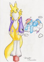 Size: 1280x1810 | Tagged: safe, artist:mancoin, rainbow dash, pegasus, pony, renamon, anthro, g4, anthro with ponies, cloud, colored pencil drawing, crossover, digimon, digimon tamers, duo, female, lying on a cloud, mare, traditional art