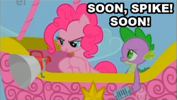 Size: 471x268 | Tagged: safe, pinkie pie, spike, g4, image macro, soon