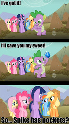 Size: 588x1048 | Tagged: safe, edit, edited screencap, screencap, applejack, fluttershy, pinkie pie, rainbow dash, spike, twilight sparkle, dragon, earth pony, pegasus, pony, unicorn, g4, caption, comic, female, male, mare, pockets, screencap comic