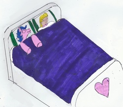 Size: 753x656 | Tagged: safe, artist:zeldatheswordsman, firefly, megan williams, human, g1, bed, meganfly, sleeping, traditional art, wat