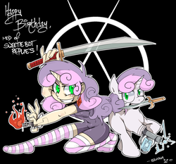 Size: 1280x1195 | Tagged: safe, artist:balooga, sweetie belle, android, gynoid, human, pony, robot, robot pony, unicorn, g4, badass, black background, blade, blank flank, clothes, female, filly, fire, flamethrower, foal, hooves, horn, horned humanization, human ponidox, humanized, knife, simple background, socks, stockings, striped socks, sweetie bot, sword, teeth, weapon