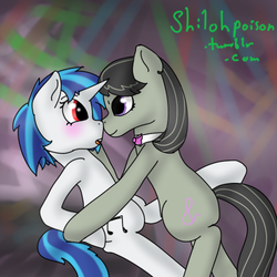 Size: 500x500 | Tagged: safe, artist:shilohpoison, dj pon-3, octavia melody, vinyl scratch, g4, 30 minute art challenge, female, lesbian, ship:scratchtavia, shipping