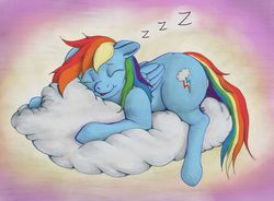 Size: 1634x1200 | Tagged: safe, artist:ratwhiskers, rainbow dash, g4, cloud, sleeping, zzz