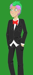 Size: 600x1360 | Tagged: safe, artist:alanystrife, artist:ellamred, spike, human, g4, clothes, green background, humanized, simple background, tuxedo