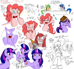 Size: 1280x1207 | Tagged: safe, artist:balooga, dj pon-3, pinkie pie, rocky, twilight sparkle, vinyl scratch, oc, oc:wooden toaster, g4, collage, music notes, musician, pinkamena diane pie, ponysona, sketch, sketch dump