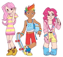 Size: 1005x919 | Tagged: safe, artist:verticalart, fluttershy, pinkie pie, rainbow dash, human, g4, clothes, dark skin, dress, humanized