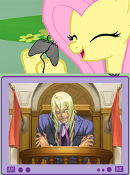 Size: 563x752 | Tagged: safe, fluttershy, pegasus, pony, g4, ace attorney, apollo justice, exploitable meme, female, gamershy, kristoph gavin, mare, meme, tv meme