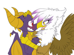 Size: 900x674 | Tagged: safe, artist:batlover800, gilda, griffon, g4, blushing, crossover, crossover shipping, female, male, shipping, spylda, spyro the dragon, spyro the dragon (series), straight