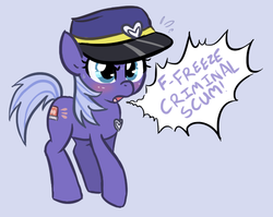 Size: 562x448 | Tagged: safe, artist:palette-swap, oc, oc:blue fuzz, blushing, criminal scum, cute, dialogue, glare, hat, nervous, open mouth, police, police pony, stop right there criminal scum, stuttering, sweat, tsundere, yelling