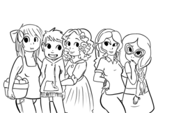 Size: 750x485 | Tagged: safe, artist:mt, apple bloom, diamond tiara, scootaloo, silver spoon, sweetie belle, human, g4, cutie mark crusaders, humanized, monochrome