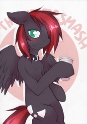 Size: 1049x1500 | Tagged: safe, artist:lonelycross, oc, oc only, oc:thunder smash, buckle, cup, hoof hold