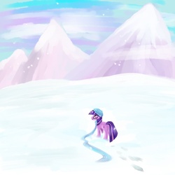 Size: 1000x1000 | Tagged: safe, artist:edahi, twilight sparkle, pony, unicorn, g4, beanie, clothes, cloud, female, footprint, hat, mare, mountain, scarf, sky, snow, solo, unicorn twilight