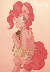 Size: 837x1200 | Tagged: safe, artist:lonelycross, pinkie pie, earth pony, pony, g4, apron, bipedal, chocolate, clothes, female, food, mare, solo, tongue out
