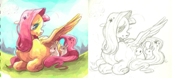 Size: 1234x559 | Tagged: safe, artist:verticalart, fluttershy, pegasus, pony, rabbit, g4, animal, drawing process, female, floppy ears, looking at something, mare, outdoors, prone, smiling, wing umbrella