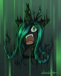 Size: 1280x1604 | Tagged: safe, artist:lonelycross, queen chrysalis, changeling, changeling queen, g4, crown, fangs, female, jewelry, regalia, screaming, solo