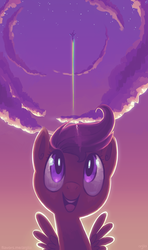 Size: 591x1000 | Tagged: dead source, safe, artist:anjila, rainbow dash, scootaloo, pegasus, pony, g4, cloud, cloudy, female, filly, flying, open mouth, scenery, sky, solo focus