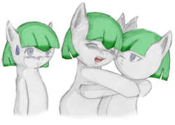 Size: 489x351 | Tagged: safe, artist:urban-meadows, oc, oc only, oc:bright eyes, earth pony, pony, ask bright eyes, blind, cataracts, earth pony oc, eyes closed, hug, science clones