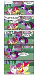 Size: 897x1757 | Tagged: safe, artist:stratusxh, edit, edited screencap, screencap, apple bloom, scootaloo, sweetie belle, twilight sparkle, g4, hearts and hooves day (episode), bag, book, comic, cutie mark crusaders, female, hearts and hooves day, implied lesbian, implying, saddle bag, screencap comic