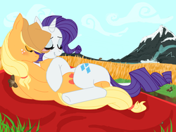 Size: 1328x996 | Tagged: safe, artist:darkwingsnark, applejack, rarity, g4, eyes closed, female, lesbian, on side, ship:rarijack, shipping