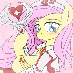 Size: 1000x1000 | Tagged: safe, artist:thattagen, fluttershy, pony, g4, blushing, cap, clothes, cute, female, hat, healer, nurse, shyabetes, solo, staff