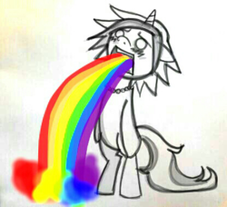 Size: 415x378 | Tagged: safe, artist:peachpalette, oc, oc only, oc:peach palette, pony, puking rainbows, rainbow, solo, vomit