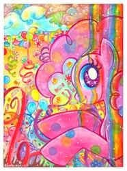 Size: 1616x2177 | Tagged: dead source, safe, artist:elvenjunko, pinkie pie, earth pony, pony, g4, cloud, female, mare, psychedelic, rainbow, smiling, solo, surreal, traditional art, trippy