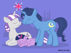 Size: 800x600 | Tagged: safe, artist:tim-kangaroo, night light, twilight sparkle, twilight velvet, g4, canterlot, father and child, father and daughter, female, filly, husband and wife, male, mother and child, mother and daughter, parent, ship:nightvelvet, sleeping, sparkle family