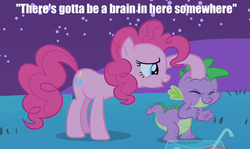 Size: 811x483 | Tagged: safe, edit, edited screencap, screencap, pinkie pie, spike, dragon, earth pony, pony, g4, caption, eyes closed, female, male, mare, noogie