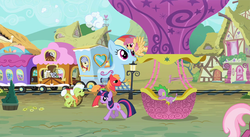 Size: 636x348 | Tagged: safe, artist:capnpea, edit, edited screencap, screencap, big macintosh, cheerilee, chelsea porcelain, dizzy twister, geri, granny smith, mr. waddle, orange swirl, rainbow dash, spike, steamer, twilight sparkle, earth pony, pony, g4, fimbriae, inanimate tf, male, opening, stallion, train, trainbow dash, trainified, transformation, unnamed character, unnamed pony, wat