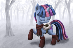 Size: 1500x1000 | Tagged: dead source, safe, artist:denial-is-tragic, twilight sparkle, pony, unicorn, g4, clothes, eyes closed, female, raised hoof, saddle, scarf, snow, solo, unicorn twilight, winter