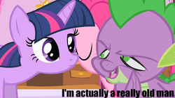 Size: 640x360 | Tagged: safe, edit, edited screencap, screencap, pinkie pie, spike, twilight sparkle, dragon, pony, g4, green isn't your color, caption, female, male, mare, text