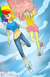 Size: 719x1111 | Tagged: safe, artist:mylittlerennie, fluttershy, rainbow dash, human, g4, belly button, clothes, converse, dress, duo, falling, flattershy, humanized, midriff, shirt, shirt lift, shoes, sneakers, t-shirt, winged humanization