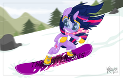 Size: 3000x1900 | Tagged: safe, artist:killryde, twilight sparkle, semi-anthro, g4, clothes, female, goggles, scarf, snowboard, snowboarding, solo