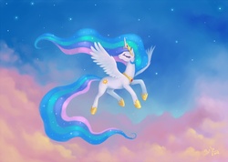 Size: 900x642 | Tagged: safe, artist:scheadar, princess celestia, alicorn, pony, g4, cloud, eyes closed, female, flying, majestic, mare, solo