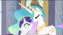 Size: 1344x756 | Tagged: safe, screencap, princess celestia, rarity, g4, sweet and elite, duo, female, youtube caption